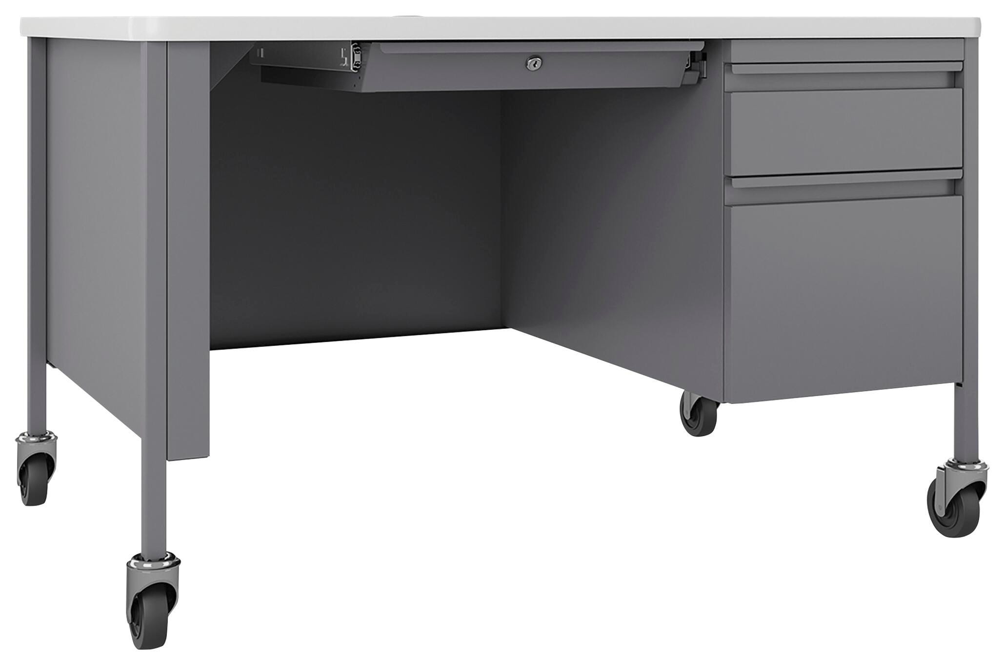 Lorell Fortress White/Platinum Steel Teachers Desk, Right Pedestal, Mobile, 48 x 30 x 29-1/2 Inches, White/Platinum 2005689